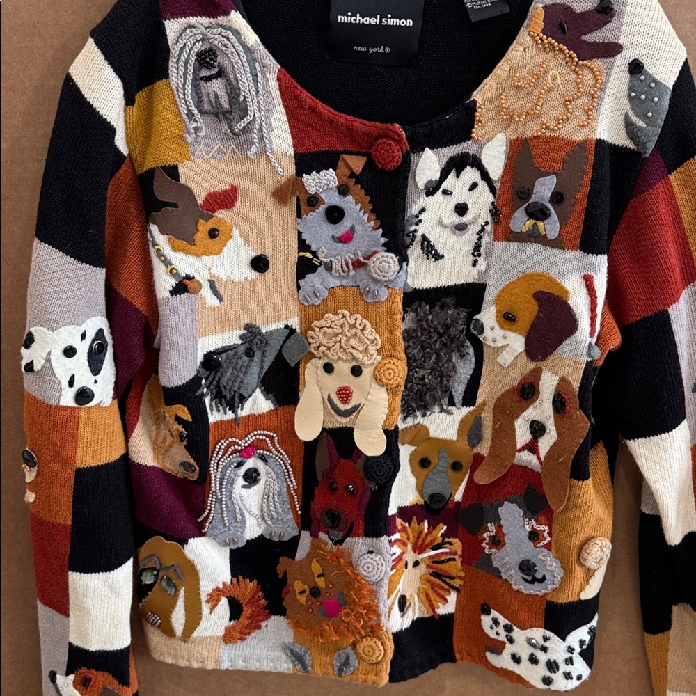 VTG Michael Simon New York 1998 Dog Embroidered Beaded Cardigan Sweater Sz S - Picture 3 of 6